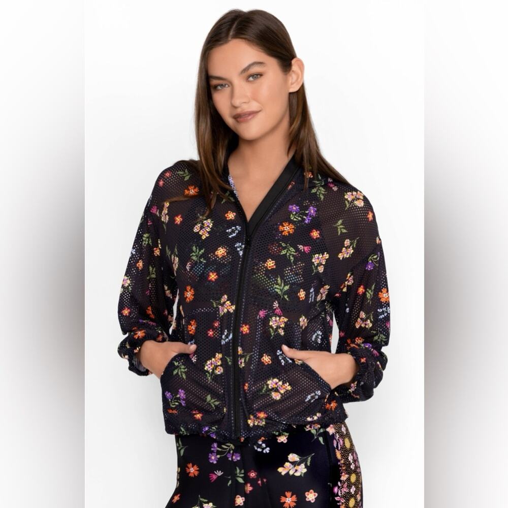Johnny Was Nani Patch Pocket Mesh Jacket Black Floral Size Small Athleisure